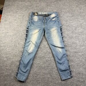 VIP Ladder Jeans Women's Blue Denim Stretch Side Cut-out Straps Skinny - 9/10